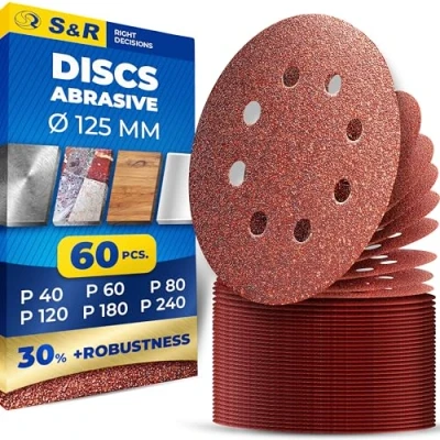 Bild av S&amp;R Slipskivor 125 mm Set Sliprondeller 60 st, Slipapper korn 40/60/80/120/180/240 (10 st vardera), 8 hål, krok snabbmontering för slumpmässig Orbit slipmaskin, excentrisk slipmaskin