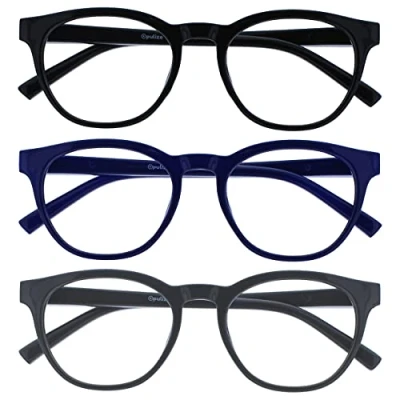 Bild av OPULIZE Blu läsglasögon blått ljusfilter 3 pack cool rund ram fjädergångjärn förbättra sömnen dator gaming speglad män kvinnor BBB5 137, Svart/blå/grå, +2,00 Dioptrien