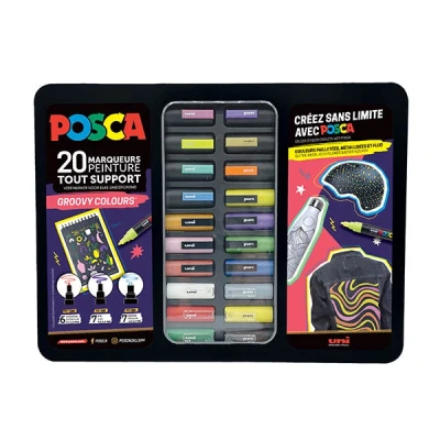 Bild av Uni Ball 186831 POSCA Marker Set, 20 akrylpennor i fodral, Set Groovy Colours, PWE5M spets 1,82,5 mm