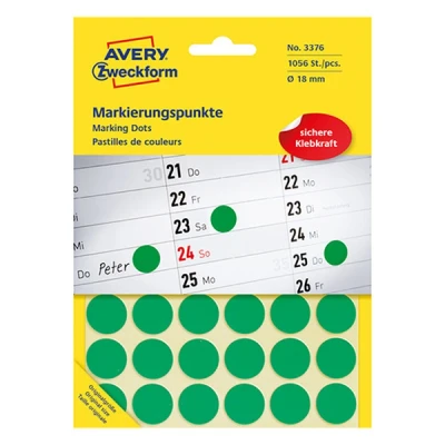 Bild av AVERY Zweckform 3376 självhäftande markeringspunkter (Ø 18 mm, 1 056 prickar på 22 ark, runda klistermärken för kalender, planerare och pyssel, papper, matt) grön