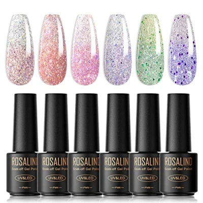 Bild av ROSALIND UV nagellack, glitter, 6 färger mininagel gel termo nagellack set termogel shellac soak för gelnaglar, blöt av gel, nagellack/lack lampa