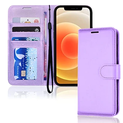 Bild av TECHGEAR iPhone 12/iPhone 12 Pro plånbok i läder, flip skyddsfodral med korthållare, stativ och handledsrem lila PU läder magnetisk stängning för 12/12 6,1 tum