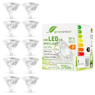 Bild av 10x greenandco® CRI 90+ 2700K 38 LED spot ersätter 30W GU5.3 MR16 halogenstrålkastare, 3W 270lm varmvit 12V AC/DC, inte dimbar