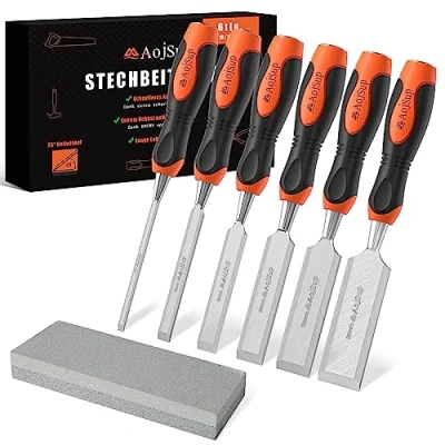 Bild av AojSup Stång set för trä 6 delar inklusive vasst stickjärn (6, 12, 19, 25, 32, 38 mm) och slipsten, professionell järnsats med 25 kilvinkel, trämejsel robust metallslagkåpa