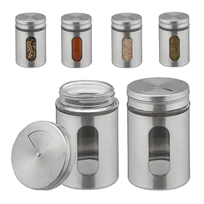 Bild av Relaxdays Kryddströare, set om 6, 3 ströstorlekar, kryddor och örter, XL kryddburkar, 290 ml, glas rostfritt stål, silver