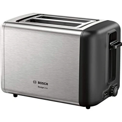 Bild av Bosch Kompakt brödrost DesignLine TAT3P420DE, integrerad brödhållare i rostfritt stål, med automatisk avfrostning, perfekt för 2 skivor rostat bröd, lyftfunktion, 970 W, stål/svart