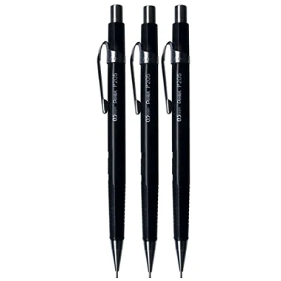 Bild av Pentel 0,5 mm (P205) svart P200 serien automatisk mekanisk dragpenna påfyllningsbar bly radergummi P205 A (förpackning med 3)