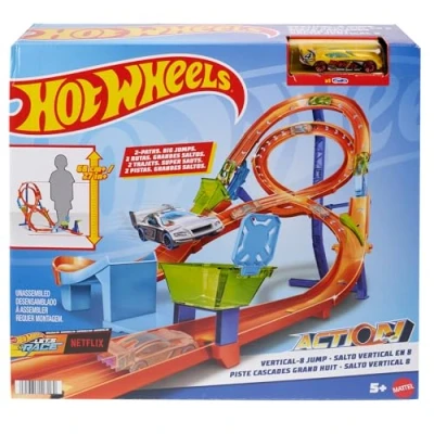 Bild av Hot Wheels banset med 1 bil, hög figur 8 bana för tävling och stunttrick, går att koppla ihop andra banor, kan fällas praktisk förvaring, HMB15