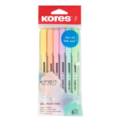 Bild av Kores K0R M: Kulspetspennor med blått halvgelbläck i pastelldesign, 1 mm medelspets biro för smidig skrivning, triangulär ergonomisk form, skol och kontorsmaterial, 6 pack