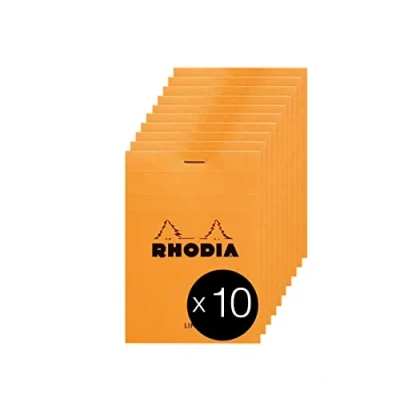 Bild av RHODIA 12600C häftade anteckningsblock nr 12 orange 8,5 x cm linjerad 80 löstagbara ark g vitt Clairefontaine papper överdraget med belagt kort förpackning 10 block