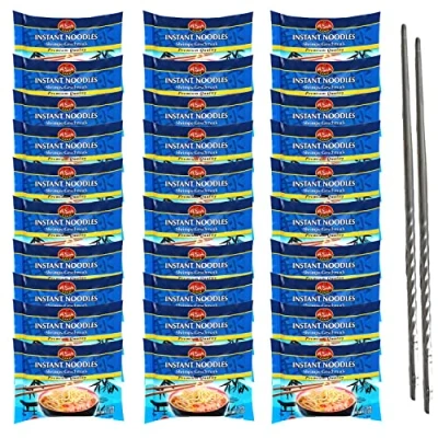 Bild av Uppsättning av 30 Asia Gold Instant nudlar ramen I smakskrift x 60 g färdig maträtt plus 2 uppsättningar ekologiska ätpinnar bambu