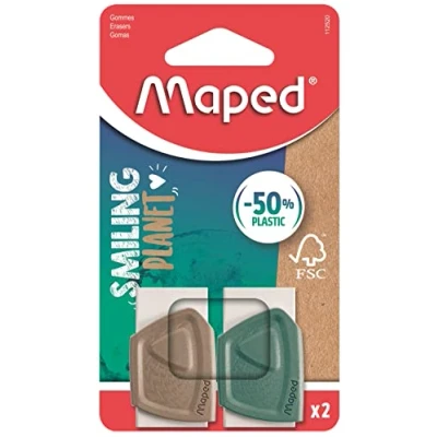 Bild av Maped Set med 2 Smiling Planet Precision Eraser vitt gummi skal av 50% FSC certifierade träfibrer fri från PVC och ftalater blå brun skalfärg