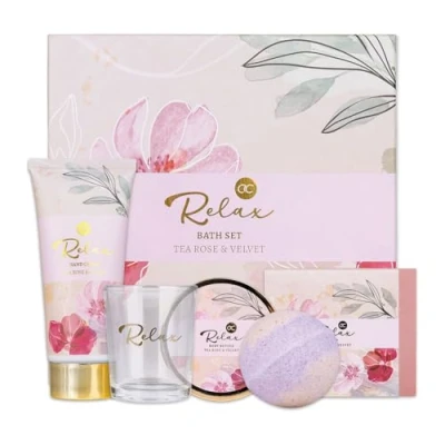 Bild av accentra RELAX presentset för kvinnor i 5 delar badset med doftljus, tvål, handkräm, kroppssmör &amp; badbomb wellnessset och tjejer födelsedagar speciella tillfällen