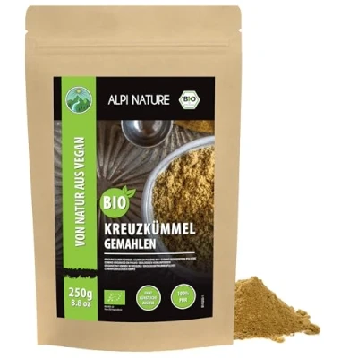 Bild av Organisk mark kummin, kummin pulver, mald i rå livsmedelskvalitet från certifierad ekologisk odling, glutenfri, laktosfri, laboratorie testas, vegan (250 GR)