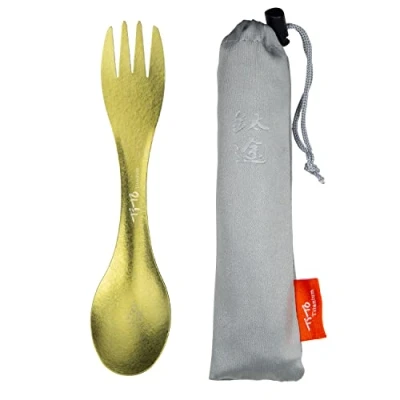 Bild av TiTo Titan Spork 2 i 1 ultralätt sked gaffel servis för utomhus camping, backpacking, vandring, resor, picknick och hem med väska (gyllene)