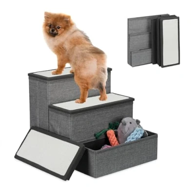 Bild av Relaxdays Hundtrappa, 3 steg, med förvaringsutrymme, hundar och katter, H x B D: 39 40 49 cm, vikbar djurtrappa, grå/vit