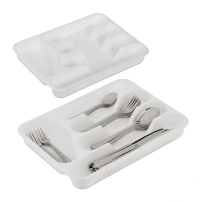 Bild av Relaxdays Besticklåda för lådor, set om 2, H x B D: 4 24,5 32,5 cm, 5 fack, bestickinsats plast, vit