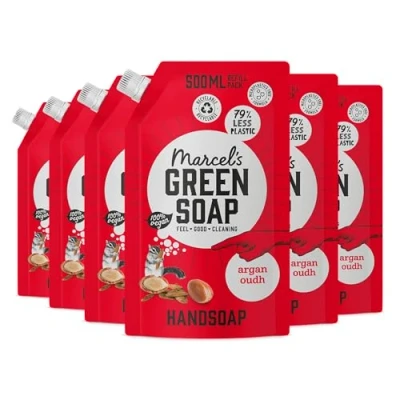 Bild av Marcel&#039;s Green Soap Handtvål påfyllningspaket Argan &amp; Oudh Dispenser för flytande tvål 100% miljövänlig vegansk 97% biologiskt nedbrytbar 6 pack 500 ml