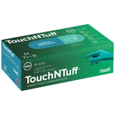 Bild av Ansell TouchNTuff 92 605 Nitril engångshandskar, Pulverfria, Livsmedelsgodkända, Kemisk resistenta, Mekaniska skydd, Latexfria Grön, M (100 handskar)