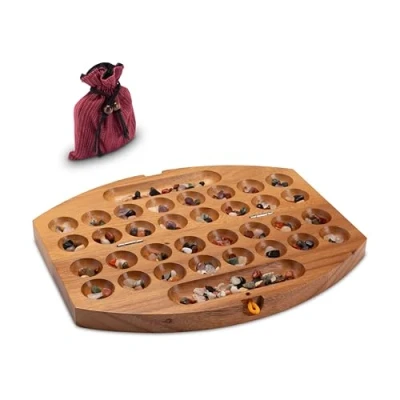 Bild av LOGOPLAY Bao Hus Kalaha litet resespel för resor 30 cm långt stenspel ädelstensspel oval av fröena trä