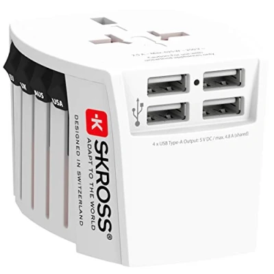 Bild av SKROSS 1.302961 MUV USB (4xA) Universeller 2 Pin Reiseadapter plus 4 4,8 A Typ Anschlüsse Spannung und Leistung: 100 V 250 W / 625 W. Anti Stromschlagschutz