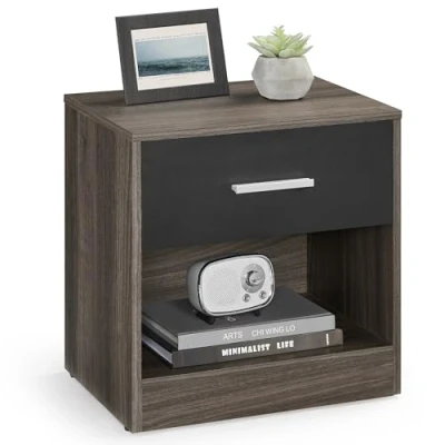 Bild av VASAGLE Sängbord, sidobord, med låda, handtag, öppet fack, soffbord, för sovrum, vardagsrum, kastanjebrun bläck svart LET619K74