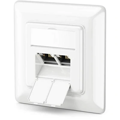 Bild av deleyCON 1x CAT6a Nätverksuttag 2x RJ45 Uttag Skärmad Infälld Montering 10 Gbit Ethernet Nätverk LAN Patchkabel Nätverkskabel Installationskabel Vit