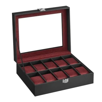 Bild av SONGMICS Klockbox med 10 spår, klockfodral glaslock, klockdisplaybox avtagbara klockkuddar, metalllås, presentidé, svart syntetiskt läder, vinrött foder JWB010R01