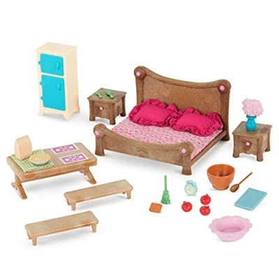 Bild av Li&#039;l Woodzeez 26 delar, sovrums och mattillbehörsset säng, matbord med mera djurfigurer tillbehör leksaker för barn från 3 år