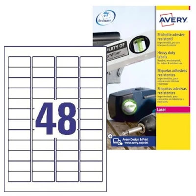 Bild av AVERY Zweckform L4778 8 väderbeständiga folieetiketter (384 självhäftande etiketter, 45,7 x 21,2 mm på A4, extremt stark självhäftande, vattentät, slitstark, tryckbar utomhus folie)
