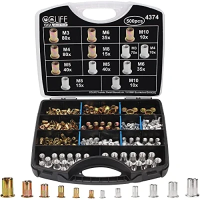 Bild av CCLIFE 500 stycken nitmuttrar, sortiment M3, M4, M5, M6, M8, M10, platt huvud, gängor, blindnitmuttrar, aluminium och galvaniserat stål, rivetnötter
