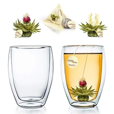 Bild av Creano te eller kaffeglas med dubbla väggar 250 ml isolerade handgjorda värmebeständiga muggar 2 st + vitblommande i kopparstorlek