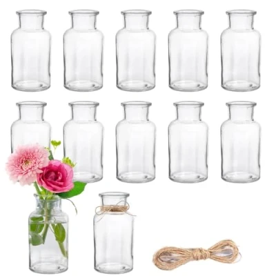 Bild av DATEFUN 12 stycken miniglasvaser, 250 ml små burkar med jutesnöre, blomvaser, bordsvaser, glasvaser, dekorativa flaskor, glasflaskor för bordsdekoration, mittstycken, bröllopsdekorationer