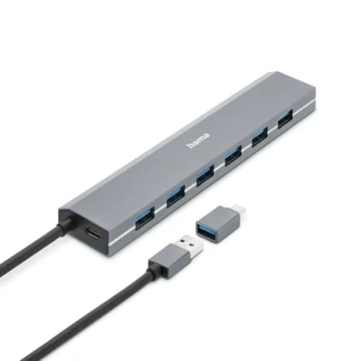 Bild av Hama USB Hub 7 portar (USB A och C port, med strömförsörjning, x för mus, tangentbord, extern hårddisk, minne etc., aluminiumhölje, adapter kontor, hemmakontor)