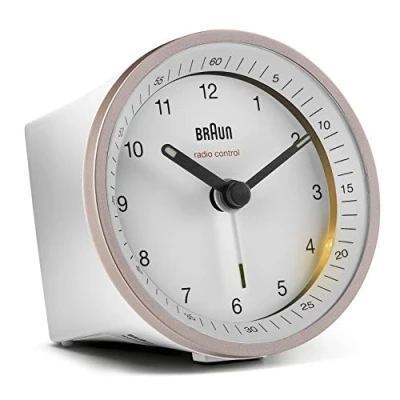 Bild av Braun Classic Radio Controlled Analogue Alarm Clock For Central European Time Zone (DCF/GMT+1) with Snooze and Light, Quiet Movement, Crescendo Beep in White Rose, model BC07PW DCF.