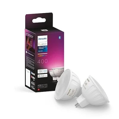 Bild av Philips Hue Smart LED lampa MR16 White and Color Ambiance, dimbar, 6.3 W, Zigbee &amp; Bluetooth, trådlös, röststyrning via Amazon Alexa, Google Home Assistant och Siri, 2 Pack