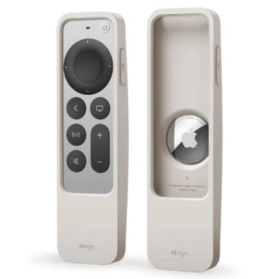 Bild av elago R5 Locator fodral kompatibelt med Apple TV 4K Siri Remote 3:e (2022) och andra generationen kompatibel AirTag snodd ingår, fallskydd, full tillgång till alla funktioner (sten)