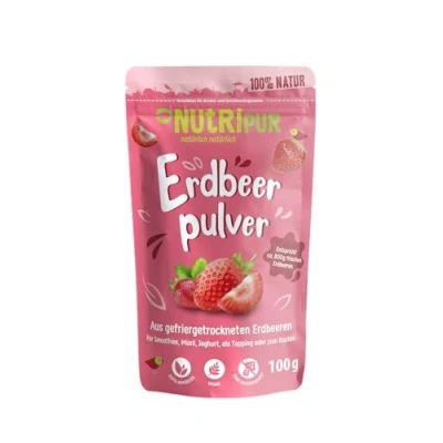 Bild av Jordgubbspulver: 100 g frystorkade och finmalda jordgubbar Torkad frukt utan tillsatt socker Jordgubbspulver, frystorkad frukt, bär från NutriPur