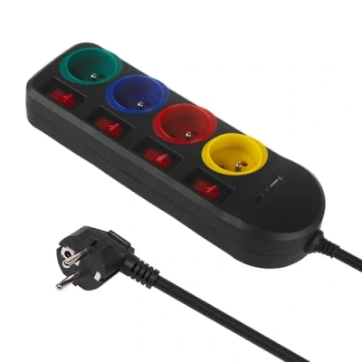 Bild av Maclean grenuttag, förlängningskabel 4 uttag + USB A/C, med brytare, 250VAC/10A, 1,5m, svart, MCE508 B