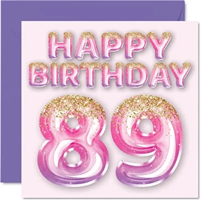 Bild av Stuff4 födelsedagskort till 89 årsdagen Födelsedag för kvinnor rosa och lila glitterballonger glada kort år gammal kvinna mamma Great Nanny Grandma Gran, 145 mm x