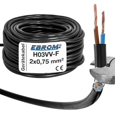 Bild av EBROM Plastslangledning rund, LED kabel, strömkabel, enhetskabel H03VV F 2 x 0,75 mm² färg: svart, många längder i steg om 5 m upp till 250 meter mm2, din kabellängd: 20