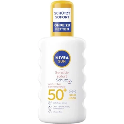 Bild av NIVEA SUN Sensitiv Omedelbart skydd solspray SPF 50+, solmjölk med 50+ för känslig hud, vattentätt och doftfritt solskydd solallergi (200 ml)