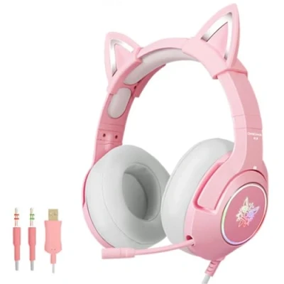 Bild av Cat Ear Headset, Rosa Spelheadset Med Mikrofon, Avtagbara Kattöron, Surroundljud Och Utdragbar Brusreduceringsljus, Lämplig För Alla Tjejer