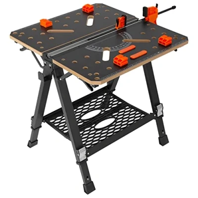 Bild av VEVOR Fällbart arbetsbord, 2 i 1 som sawhorse och arbetsbänk, 100 pund kapacitet, 7 justerbara höjder, stålben, bärbart vikbart verktygsstativ med träklämma, 4 bänkhundar, krokar, enkel garageförvaring