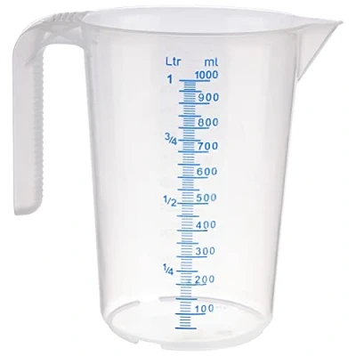 Bild av APS mätkopp 1 liter, Ø 12 x H: 16,5 cm, plastmugg med präglad måttskala på utsidan, öppet handtag, L/ml klassificering, diskmaskinssäker