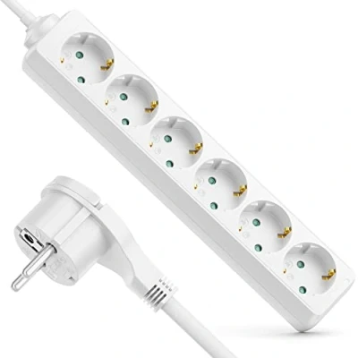 Bild av deleyCON Grenuttag 6 Vägs med Platt Plugg Inomhus 1,4 m Kabel Kontaktplugg Robust Hölje av Plast Vit