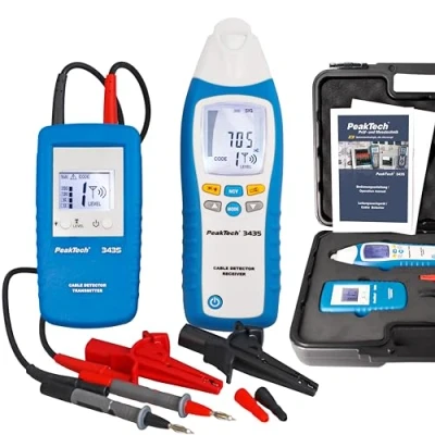 Bild av PeakTech 3435 kabelsökare med sändare och mottagare för kortslutningar, säkringar, metallrörsystem, voltmeter, i väggar, tak, golv mottagningsdjup: upp till 2 meter