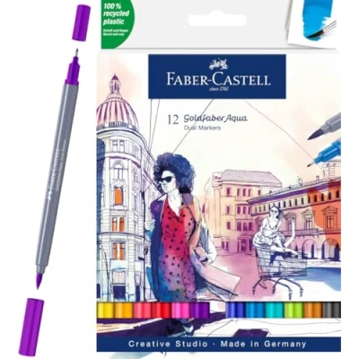 Bild av Faber Castell Creative Studio Goldfaber Aqua Dual Markörer, Flerfärgad, Markeringsplånbok med 12, för konst, hantverk, ritning, skissning, hem, skola, universitet, färgning
