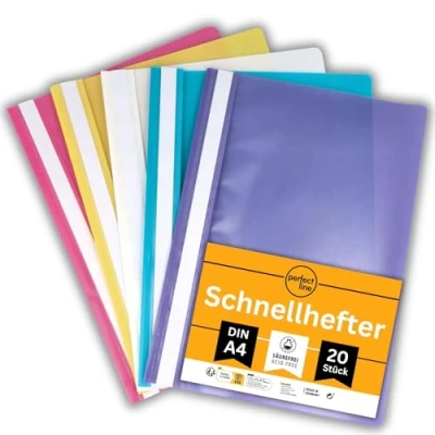 Bild av perfekt linje förpackning med 20 snabbmappar, 30 x 22 cm, 5 färger, återvinningsbar plastpärm kornigt genomskinligt fodral DIN A4