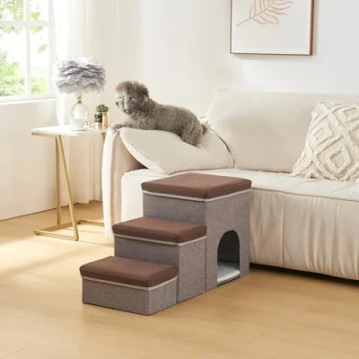 Bild av [en.casa] Hundtrappa Vojens hundramp med grotta för små hundar 3 stegs husdjursstege säng och soffa, hopfällbar kattrappa 76 x 33 43 cm brun/grå